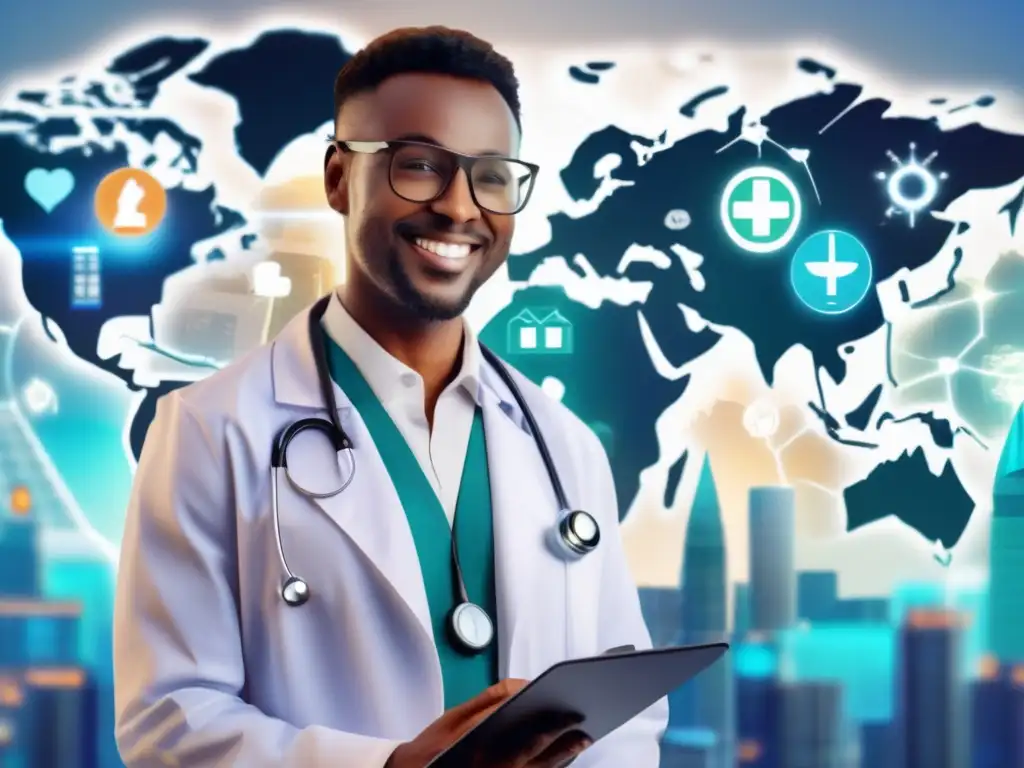 Doctor sonriente señalando mapa: investigación de destino Experiencia turismo médico segura con doctor sonriente y mapa mundial