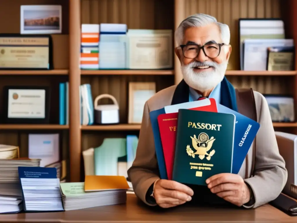Documentos de viaje para viajero senior Viajero senior con documentos necesarios