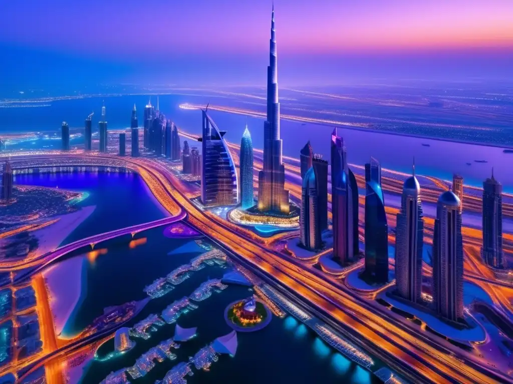 Impresionante ciudad nocturna de Dubai Experiencias en Dubai para viajeros maduros: Vista nocturna de la vibrante ciudad con el icónico Burj Khalifa y la energía de sus calles