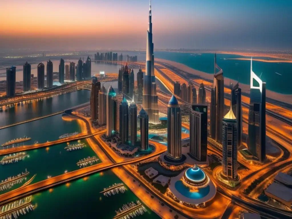 Impresionante skyline de Dubai al atardecer Experiencias en Dubai para viajeros maduros: Skyline vibrante de Dubai, con el Burj Khalifa y la belleza natural