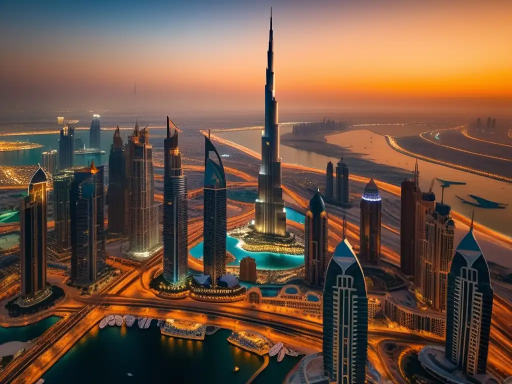 Impresionante vista aérea del skyline de Dubai al atardecer Experiencias en Dubai para viajeros maduros: atardecer en el impresionante skyline de la ciudad, con el Burj Khalifa y el Dubai Marina