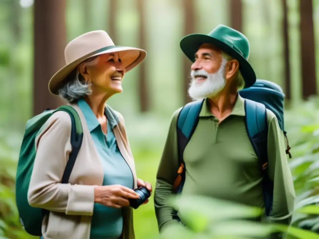 Pareja mayor en atuendo ecofriendly en bosque verde Pareja mayor en atuendo ecológico disfrutando de la naturaleza - Consejos ecoturismo senior sostenible
