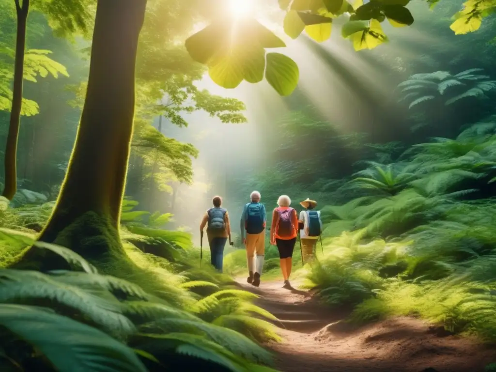 Grupo de viajeros maduros disfrutando de la naturaleza Ecoturismo para viajeros maduros en exuberante bosque con actividades naturales y educativas
