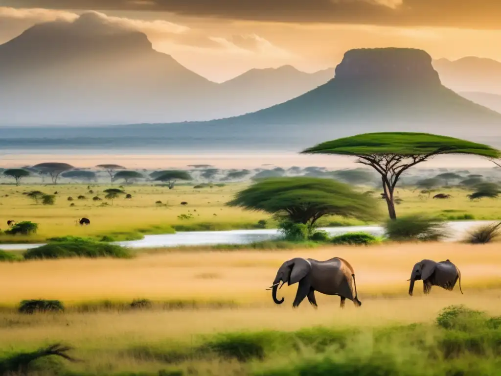 Exuberante paisaje africano para viajeros seniors Destinos ecológicos seguros para viajeros senior en África: paisaje sereno con acacia, río y elefantes