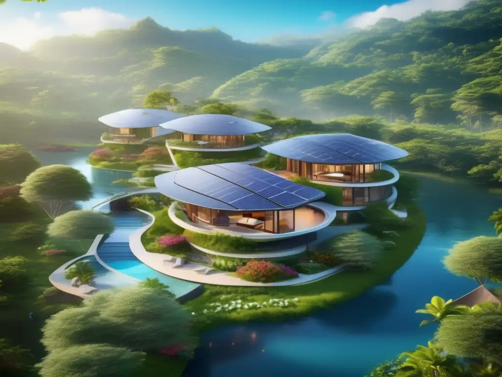 Ecoresort sostenible en entorno natural Un ecoresort sostenible rodeado de naturaleza, jardines coloridos y un río cristalino
