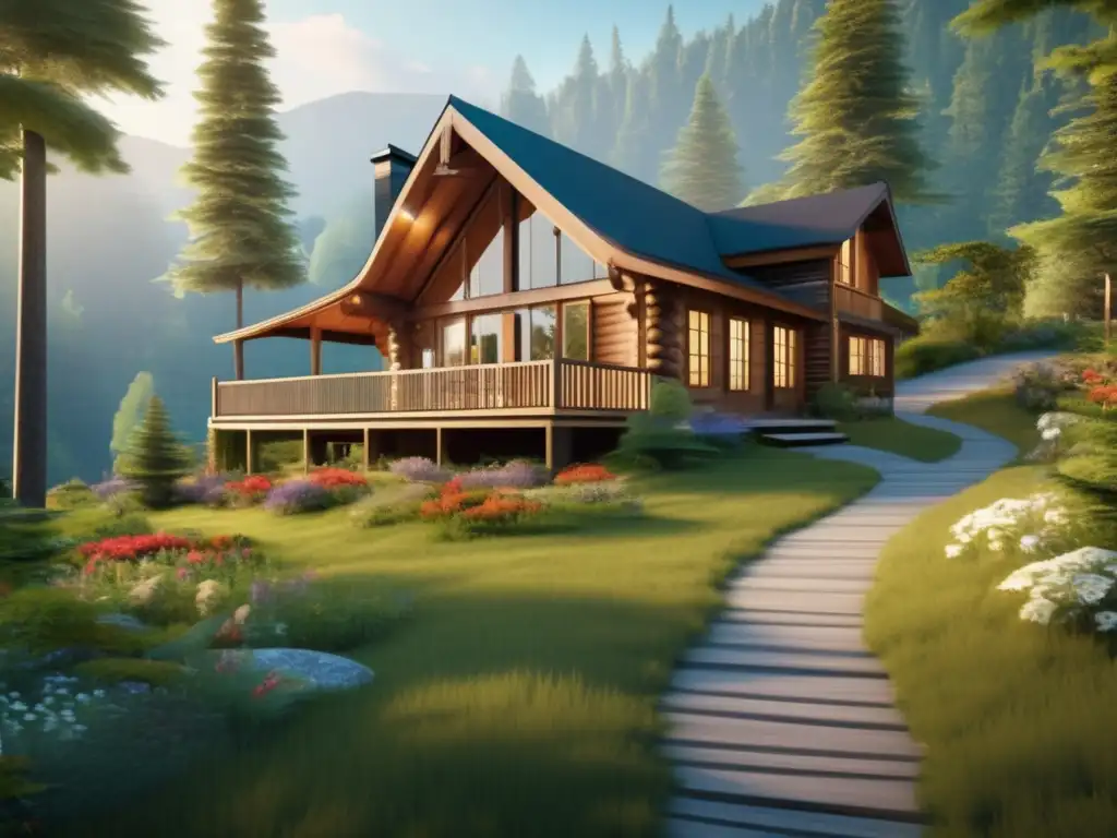 Retiro ecoreligioso en la naturaleza Retiro ecológico para viajeros maduros: escena serena y pintoresca en la naturaleza, con cabaña de madera rodeada de vegetación exuberante y un estanque tranquilo