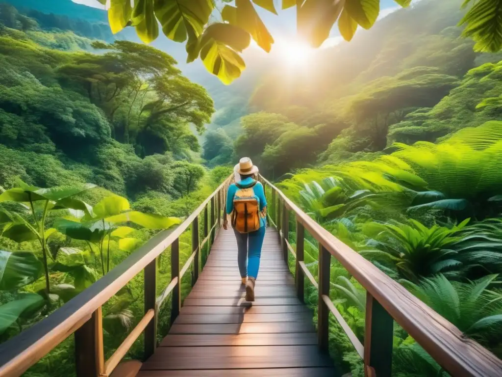Viajero maduro disfrutando de la naturaleza Paisaje ecoaventura, beneficios ecoturismo: viajero maduro en sendero rodeado de naturaleza exuberante, cascada y río cristalino