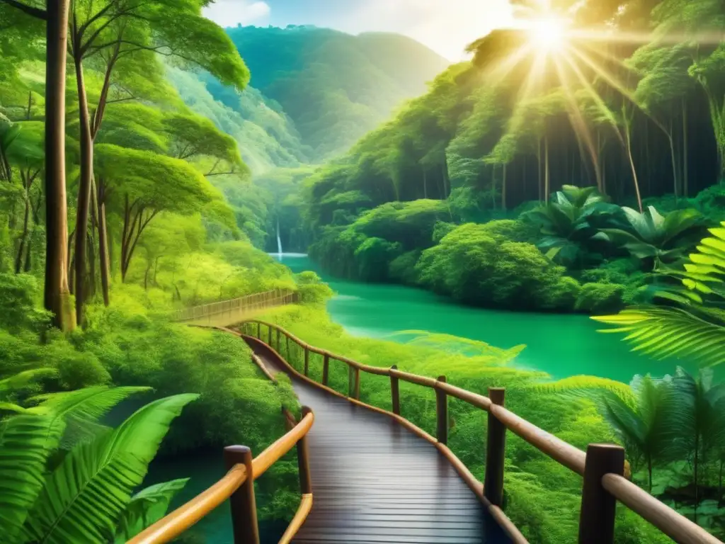 Hermoso paisaje natural invita a ecoturismo para mayores Beneficios ecoturismo viajeros maduros: paisaje natural exuberante con montañas, río y sendero rodeado de flores y helechos