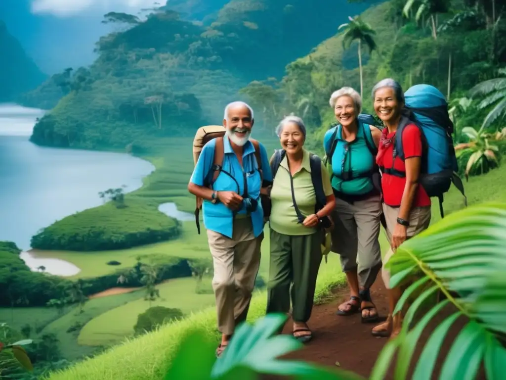 Ecoturismo seguro y emocionante para mayores Ecoturismo seguro para viajeros mayores disfrutando de la naturaleza exuberante y cascada majestuosa