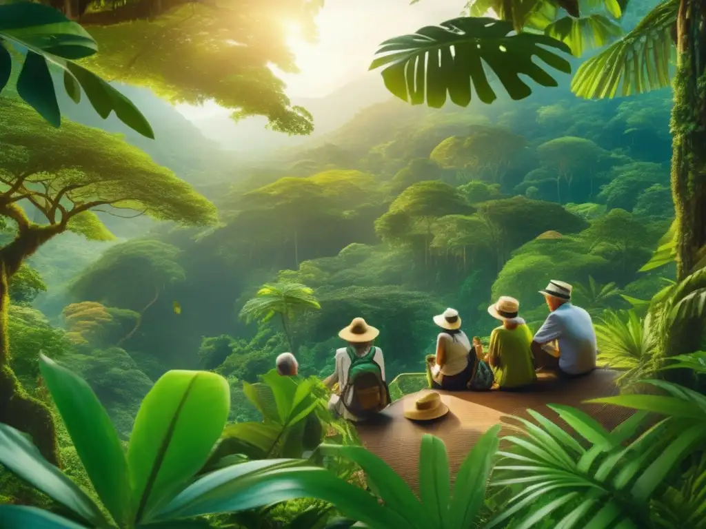Viaje de descubrimiento y bienestar en la selva Viajeros mayores disfrutando de los beneficios del ecoturismo en una exuberante selva