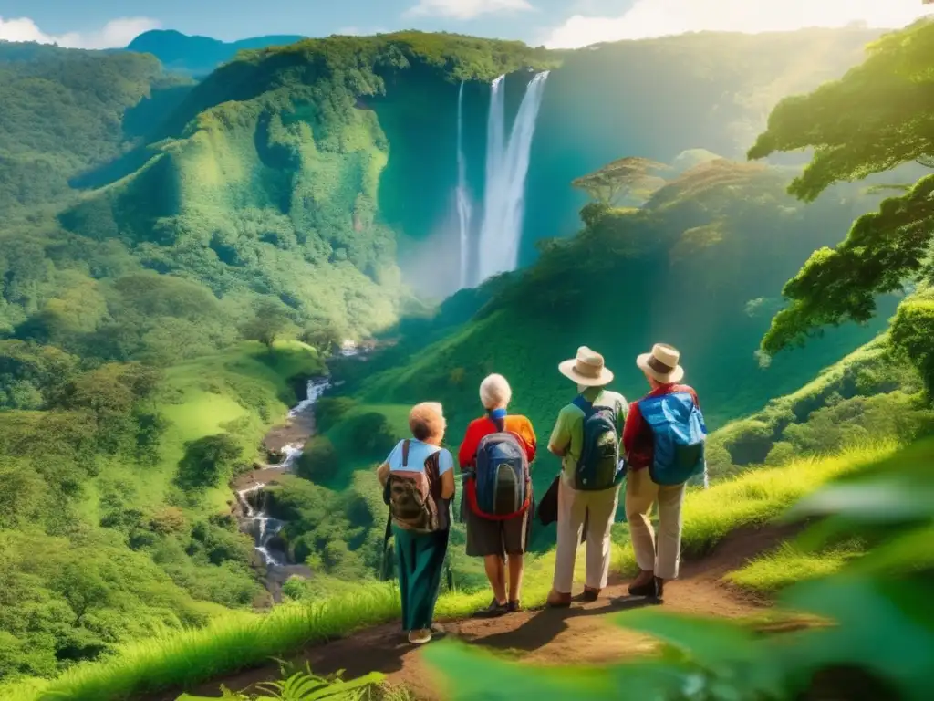 Excursión ecológica para adultos mayores Grupo de seniors en ecoturismo sostenible disfrutan de impresionante vista de cascada - Consejos ecoturismo senior sostenible