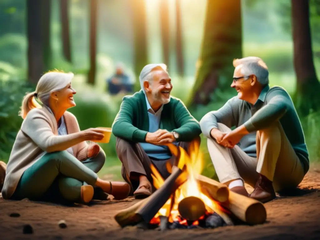 Grupo de adultos mayores sonrientes alrededor de una fogata en el bosque Beneficios del ecoturismo para adultos mayores en una imagen de 8k con personas mayores sonriendo alrededor de una fogata en un bosque verde y sereno