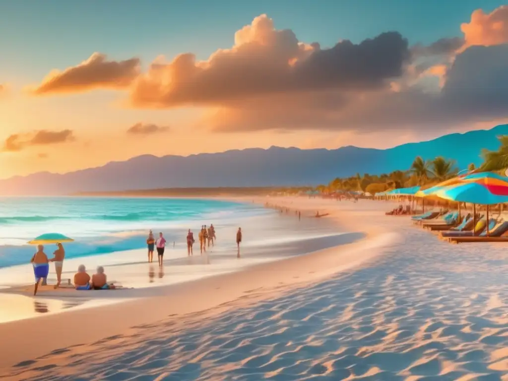 Ejercicios para adultos mayores en la playa al atardecer con un hermoso escenario playero