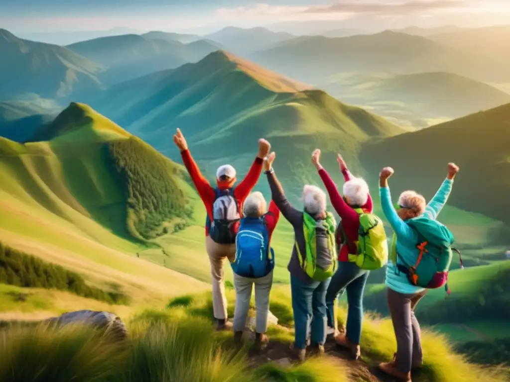 Grupo de viajeros mayores en la cima de una montaña Viajeros mayores disfrutando de experiencias emocionantes en la montaña