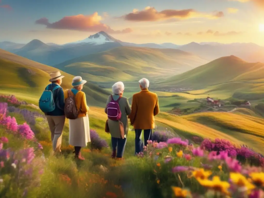 Grupo de viajeros mayores disfrutando del paisaje Rutas ancestrales para adultos mayores en paisaje impresionante