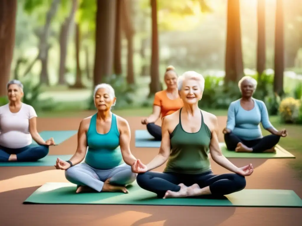 Yoga tranquilo entre ancianos Beneficios ecoturismo viajeros tercera edad: ancianos practicando yoga en la naturaleza