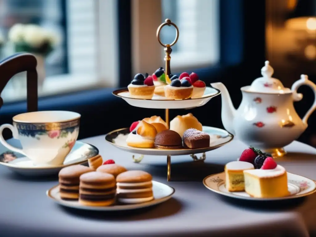 Encantador té en Londres Tradición del té en Reino Unido para seniors: Mesa elegante con tetera, tazas de porcelana y deliciosos pasteles
