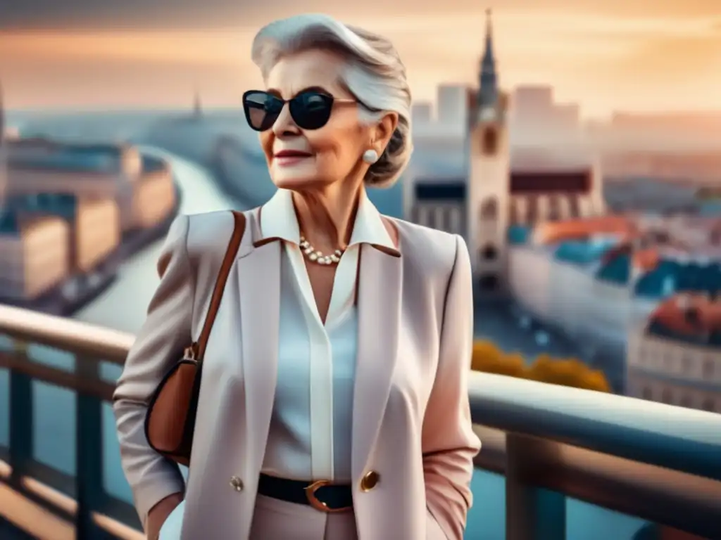 Mujer senior elegante en una ciudad vibrante, mostrando ropa adecuada para viajes (110 caracteres)
