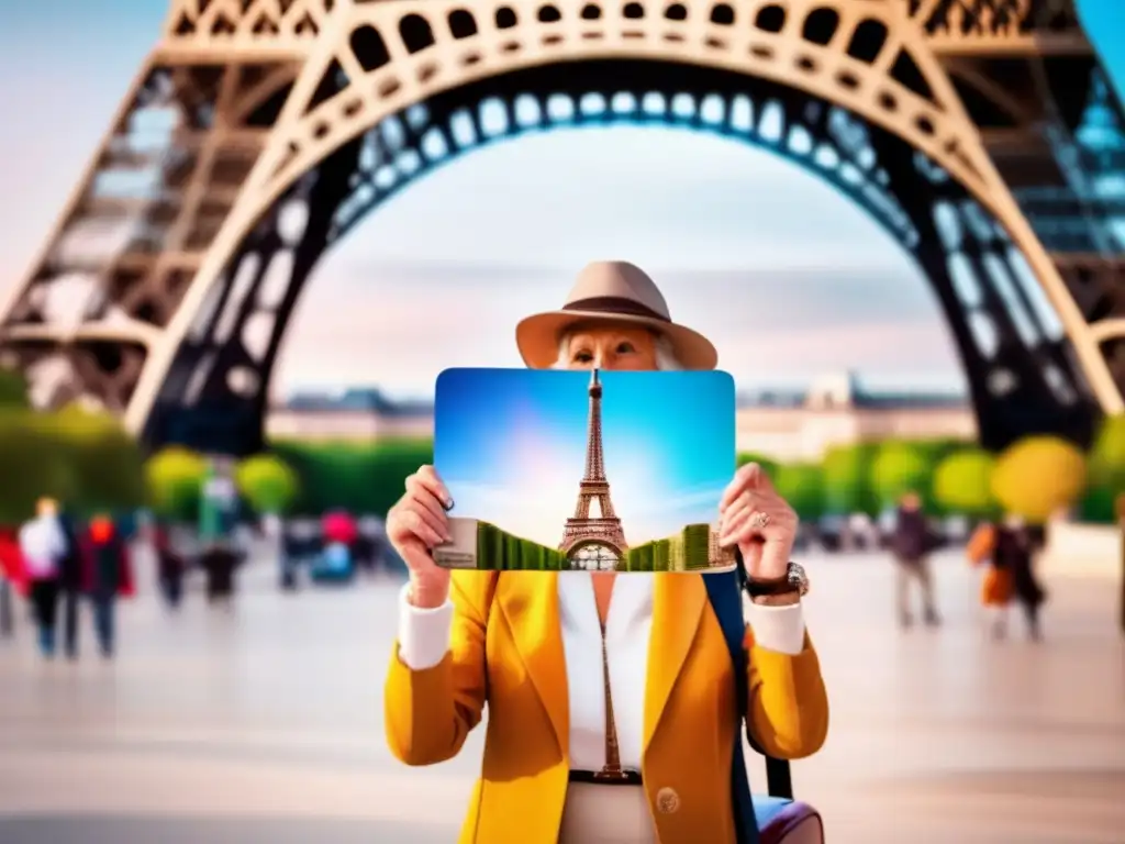 Viajero senior frente a la Torre Eiffel, destacando la importancia de documentación y visados para viajes