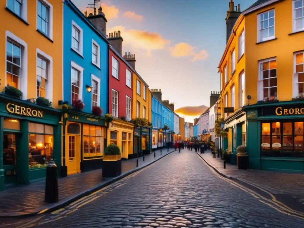 Experiencias seguras en Dublín para viajeros maduros, encanto de calles empedradas, cálida puesta de sol, edificios georgianos coloridos, cafés animados y risas