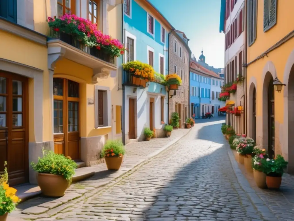 Encanto histórico en una calle europea Ruta histórica para adultos: calle empedrada, edificios coloridos, castillo medieval