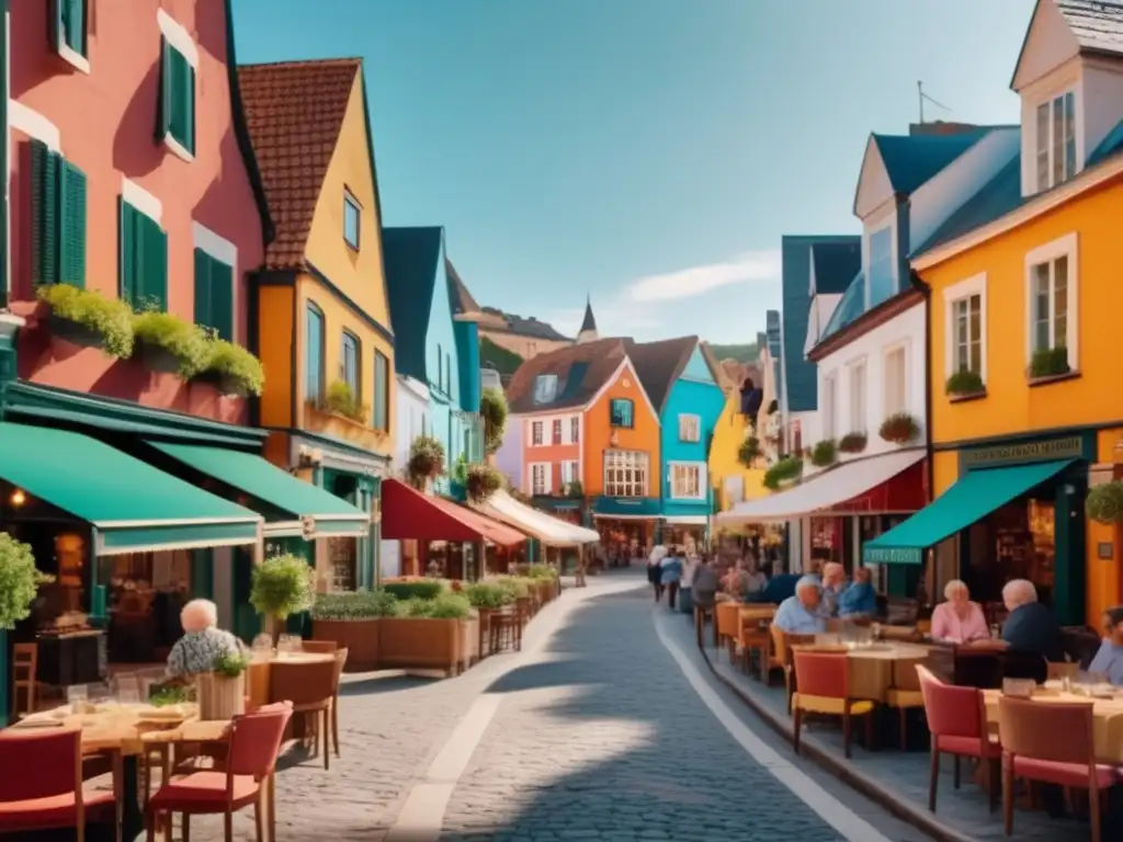 Calle pintoresca con restaurantes y gastronomía para adultos mayores Viajar económico en la edad dorada: calle pintoresca con restaurantes y parejas mayores disfrutando de la gastronomía al aire libre