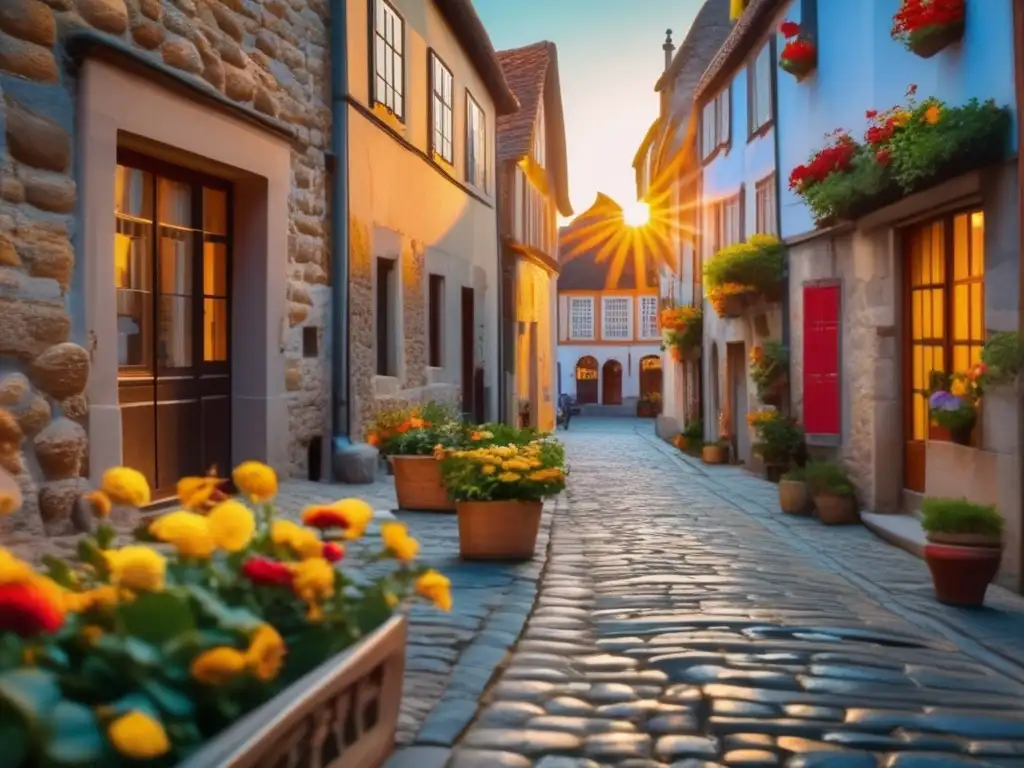 Encanto histórico en calle empedrada Destinos históricos para viajeros senior: Calle empedrada antigua con edificios históricos bien conservados, llenos de color y detalle