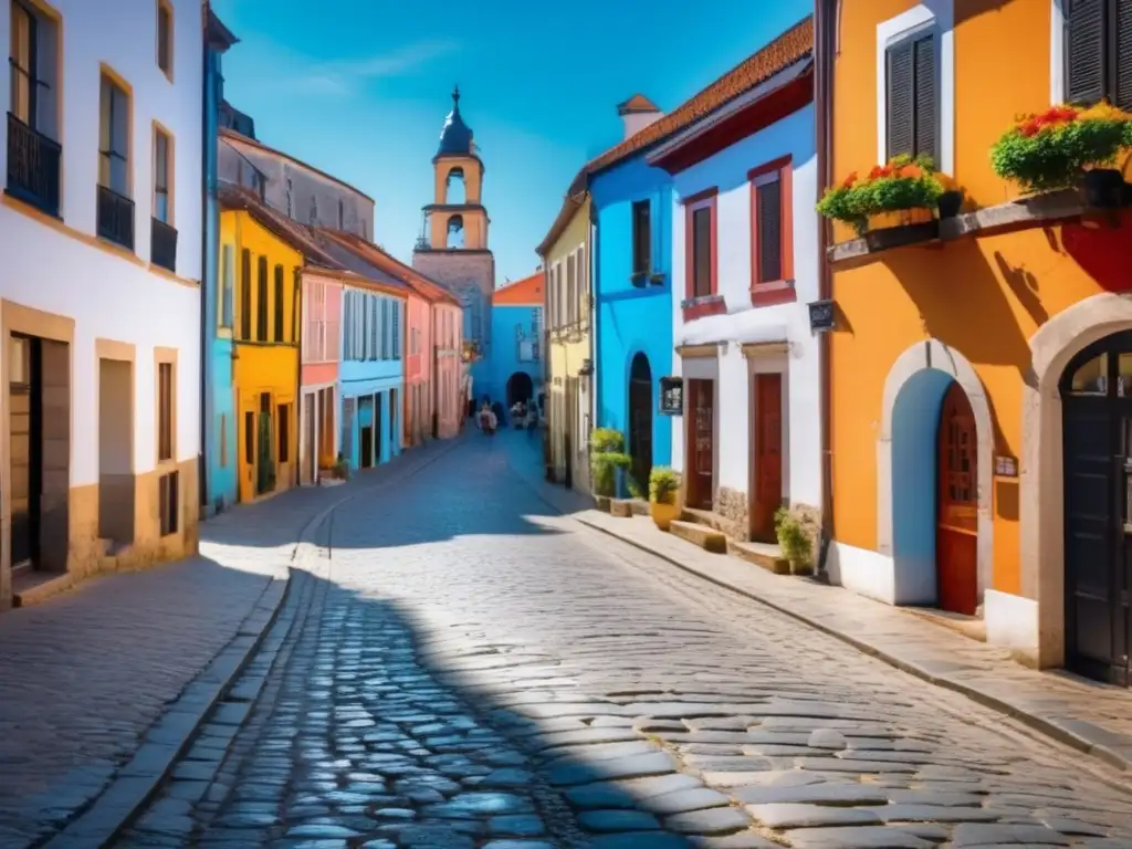 Encantadora calle adoquinada en una ciudad histórica, con edificios coloridos y bien conservados que reflejan distintos estilos arquitectónicos