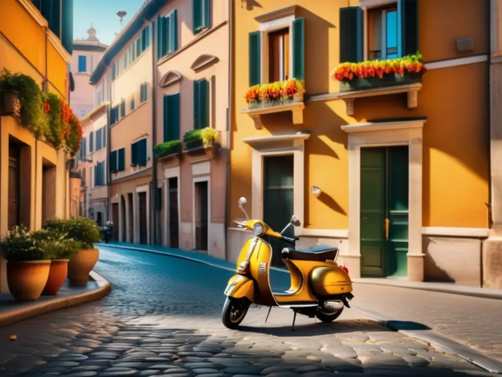 Calle pintoresca en Roma Rutas ancestrales para viajeros maduros en Roma: calle pintoresca, arquitectura encantadora, Vespa vintage y encanto italiano