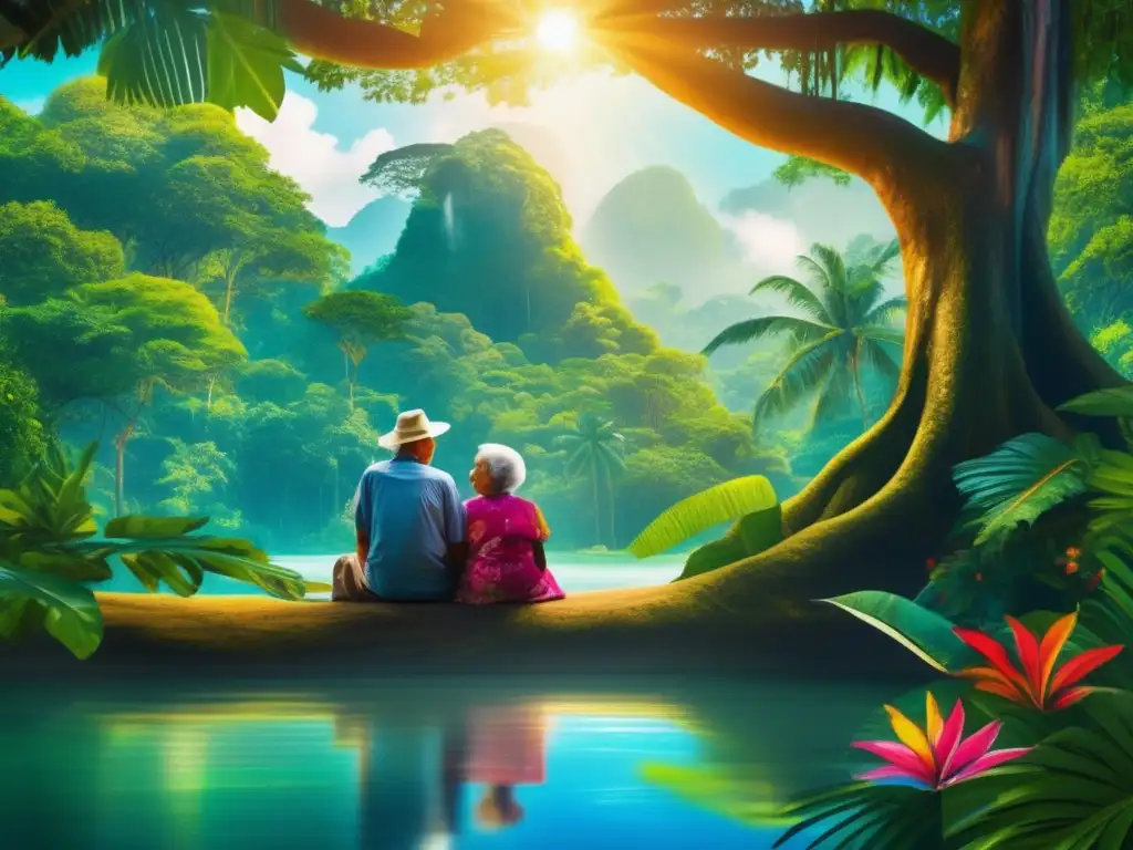 Viajes sostenibles para personas mayores: Pareja anciana en la selva habla con indígenas, rodeados de naturaleza exuberante