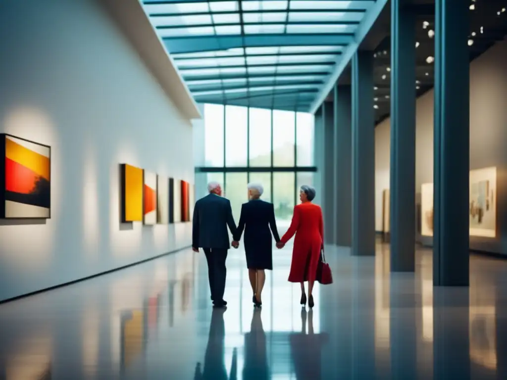 Pareja de ancianos disfrutando del arte en museo Pareja de ancianos en un moderno museo de arte: guía cultural