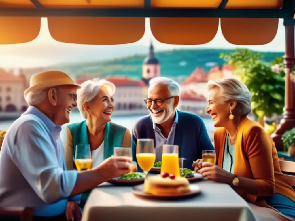 Felices seniors en café con vista y sabores locales Consejos ahorro comidas viajes senior - Grupo de alegres mayores disfrutando en un café al aire libre con vista a una ciudad histórica