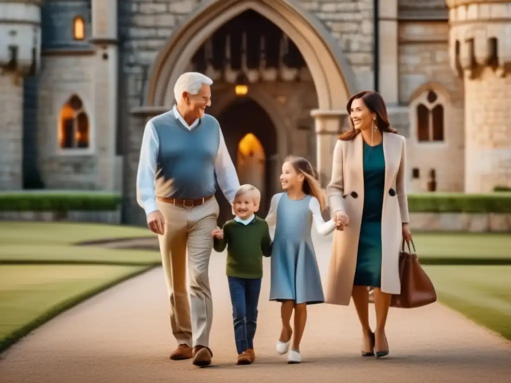 Familia multigeneracional en castillo histórico - Viajes familiares enriquecedores para seniors