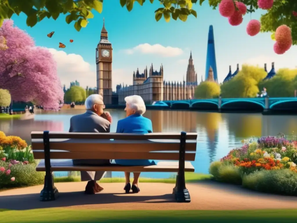 Pareja mayor disfrutando de Londres Beneficios para adultos mayores al viajar a Londres: Pareja feliz en un parque con emblemáticos paisajes