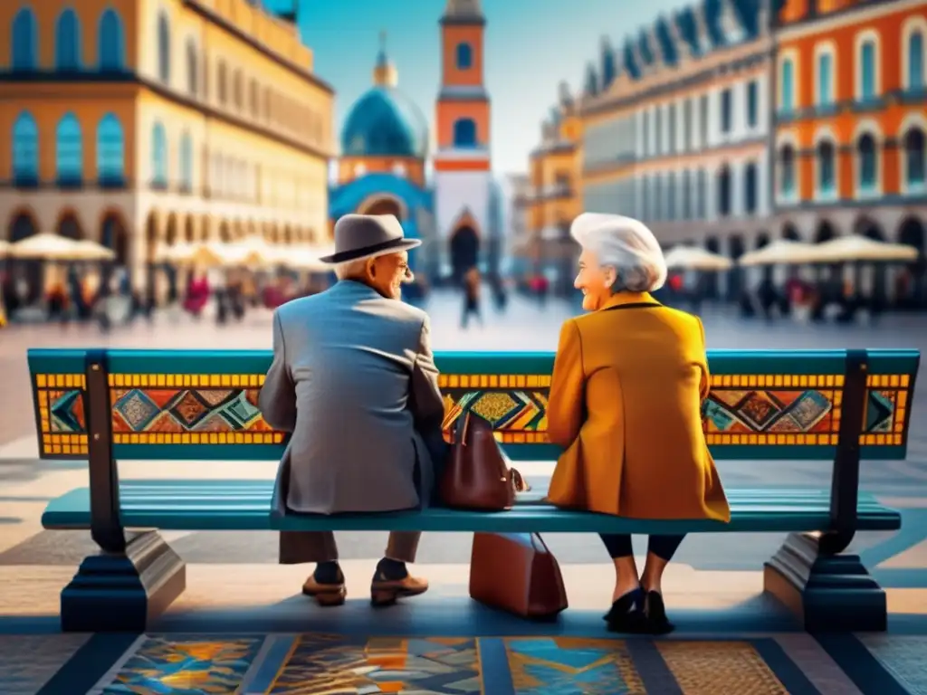 Pareja mayor conversando en plaza multicultural Pareja mayor descubriendo culturas en una plaza histórica con vibrante ambiente artístico