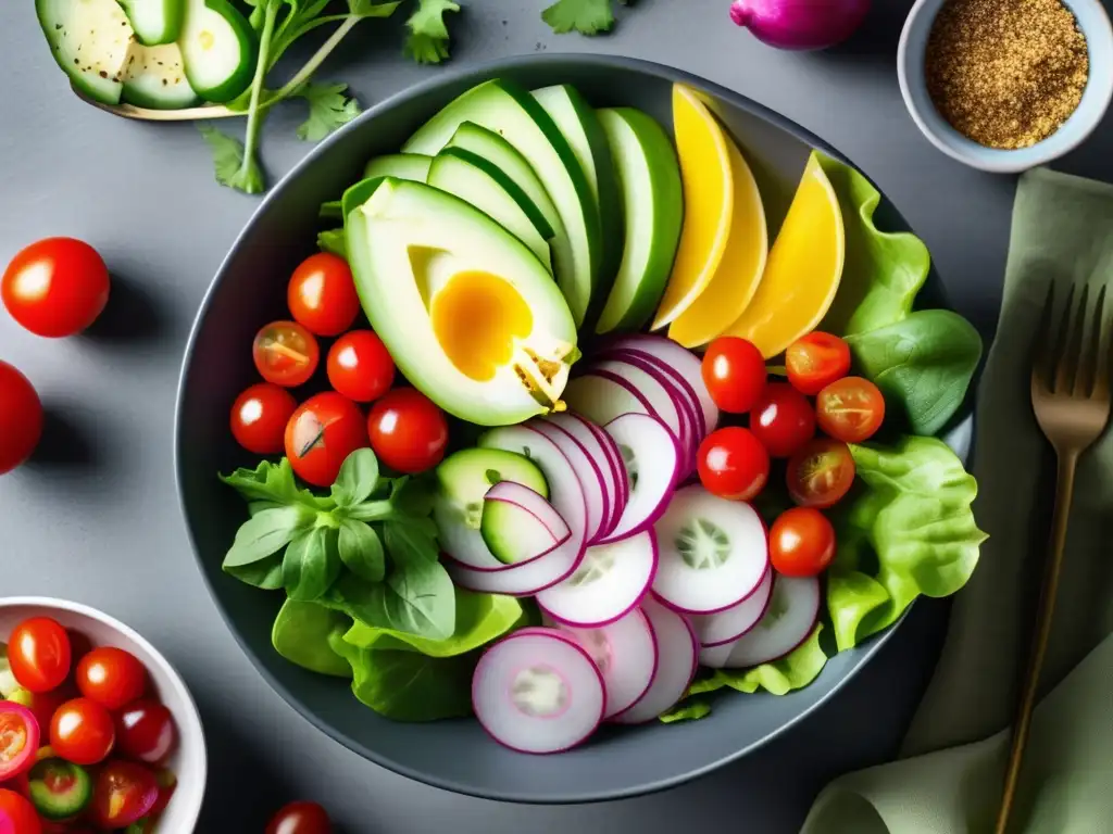 Ensalada colorida y nutritiva para viajes Ensalada vibrante y colorida con ingredientes bajos en carbohidratos