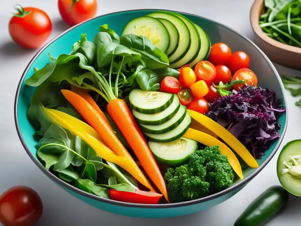 Ensalada colorida con variedad de vegetales frescos Ensalada colorida con verduras frescas, proteínas magras y frutas bajas en carbohidratos