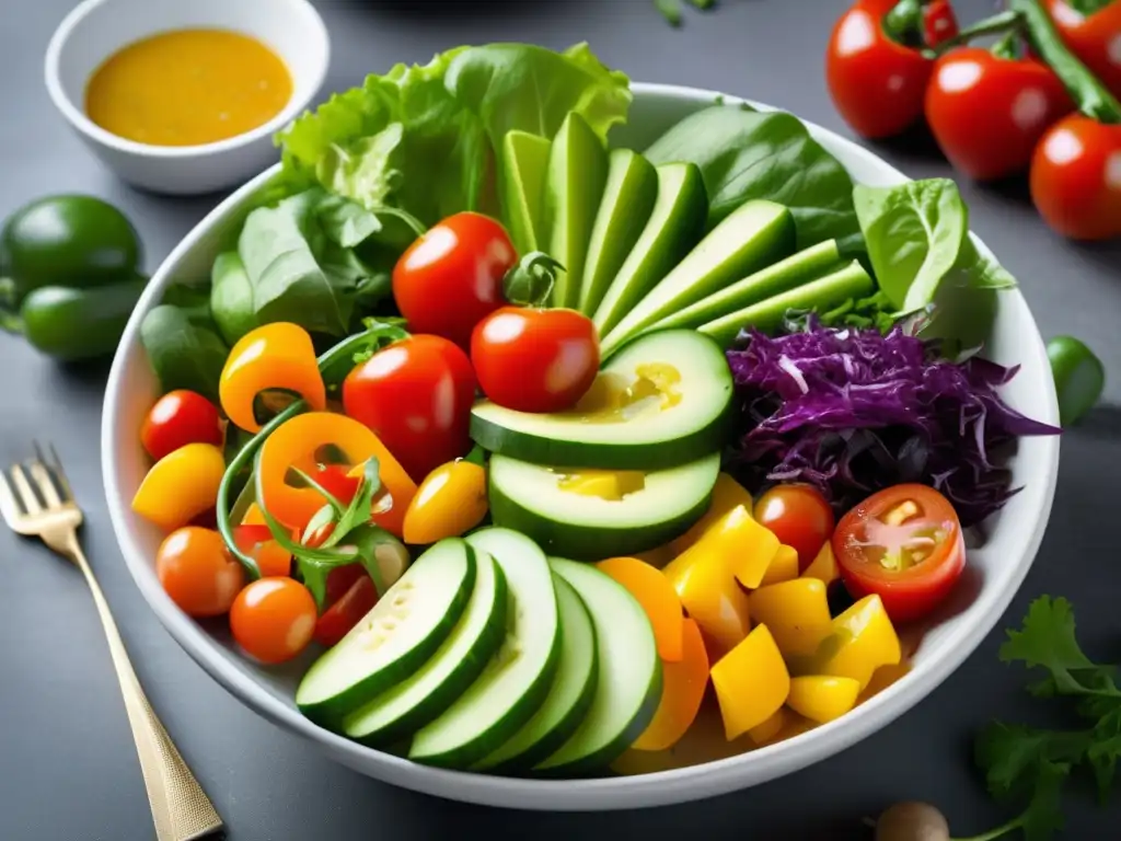 Ensalada fresca y colorida Ensalada colorida con verduras frescas, atractiva presentación y aderezo bajo en sodio
