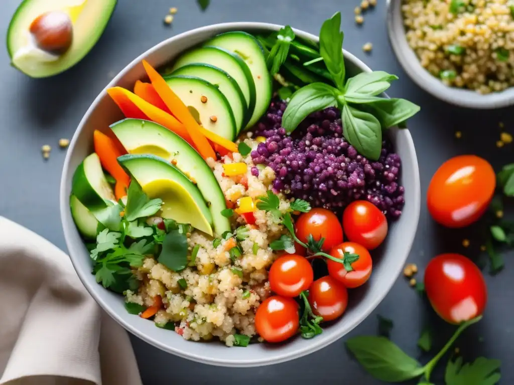 Ensalada colorida y saludable Ensalada colorida y saludable con quinoa, vegetales frescos y aderezo zesty