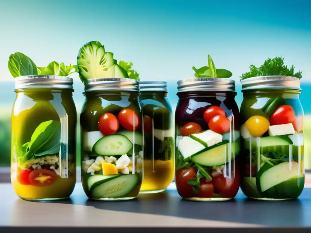 Deliciosas ensaladas en frascos coloridos Consejos de alimentación saludable en viajes