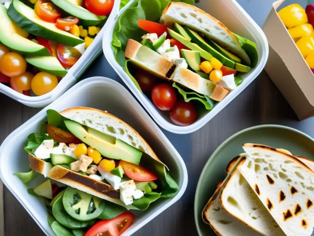 Coloridas y frescas opciones de ensaladas, sándwiches y wraps Planificación de comidas saludables viaje caravana: una variedad vibrante y colorida de ensaladas, sándwiches y envolturas frescos y deliciosos