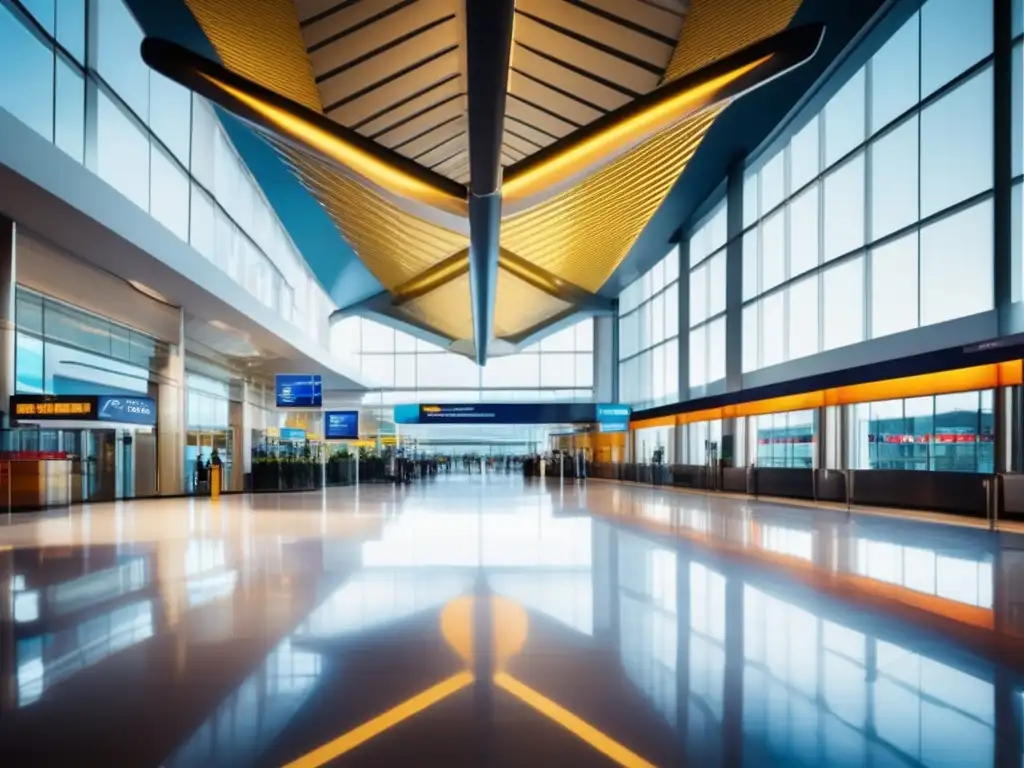 Entrada moderna y espaciosa de un aeropuerto Terminal de aeropuerto moderno con señalización vibrante y accesibilidad para viajes seguros de seniors