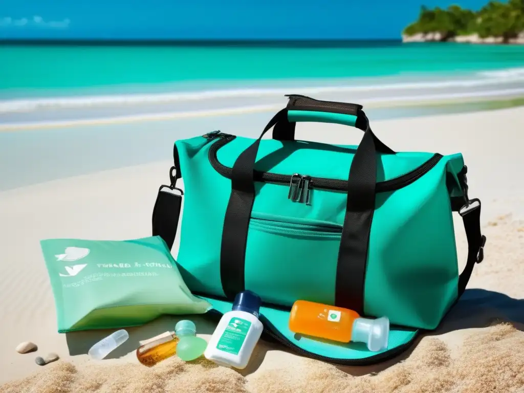 Bolsa de viaje moderna en la playa Consejos para llevar medicamentos en viajes: bolsa de viaje moderna en la playa con agua turquesa y contenido organizado