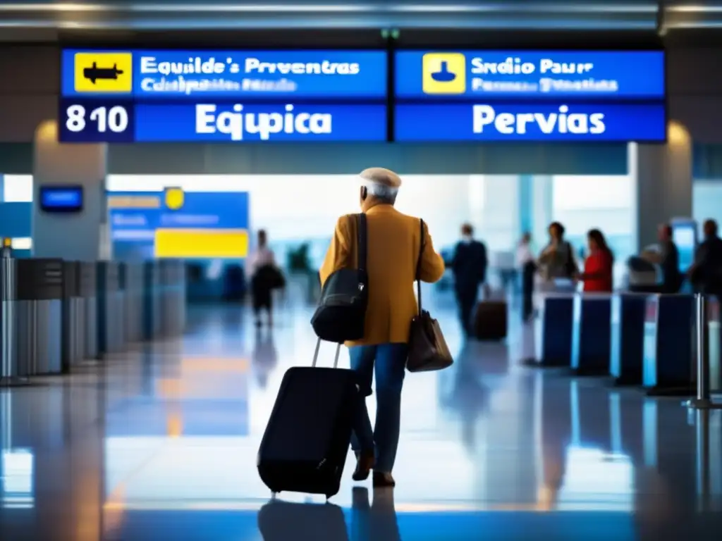 Viajero senior seguro con maleta Medidas preventivas para viajeros senior con equipaje en aeropuerto