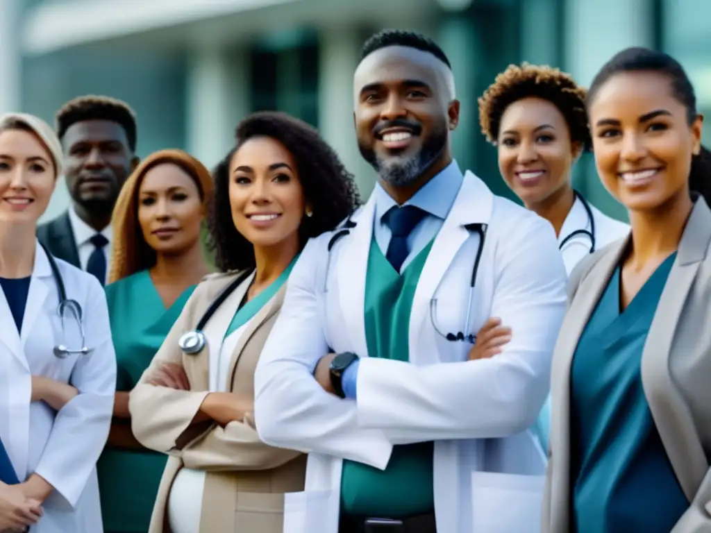 Equipo médico diverso frente a hospital moderno - Viajes médicos en el extranjero