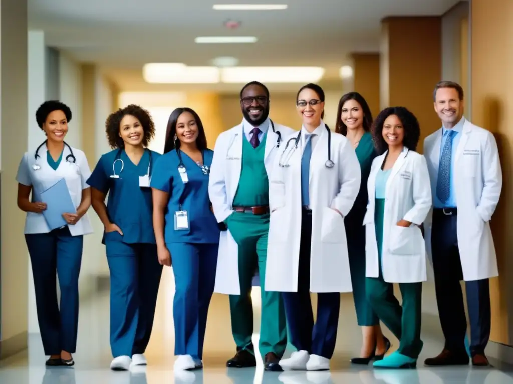 Equipo médico sonriente en hospital moderno Grupo diverso de profesionales médicos sonrientes en un hospital moderno