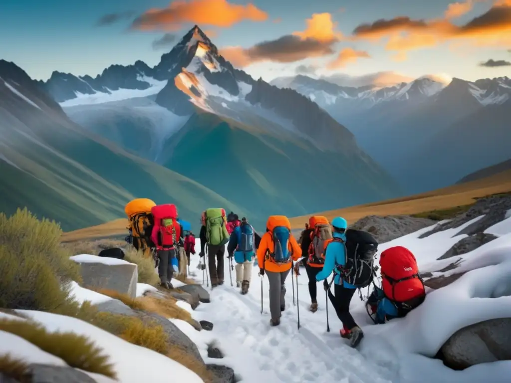 Equipo médico y paciente en travesía altitudinal Preparación para viaje médico altitud - Equipo diverso de médicos y guías asisten a un paciente determinado en un escenario montañoso