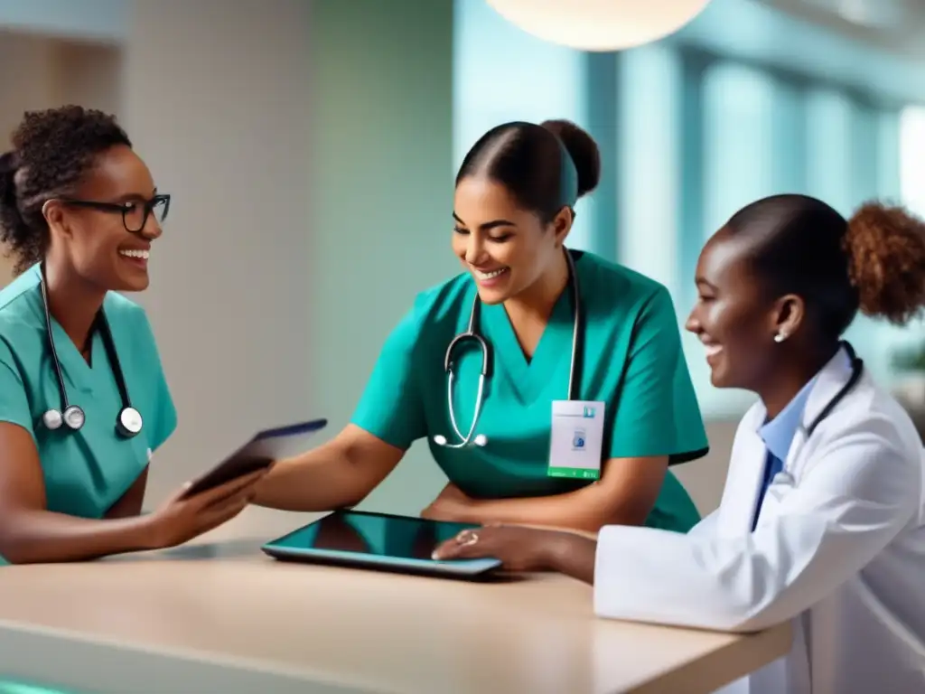 Un grupo diverso de profesionales médicos y pacientes interactúan en un hospital moderno