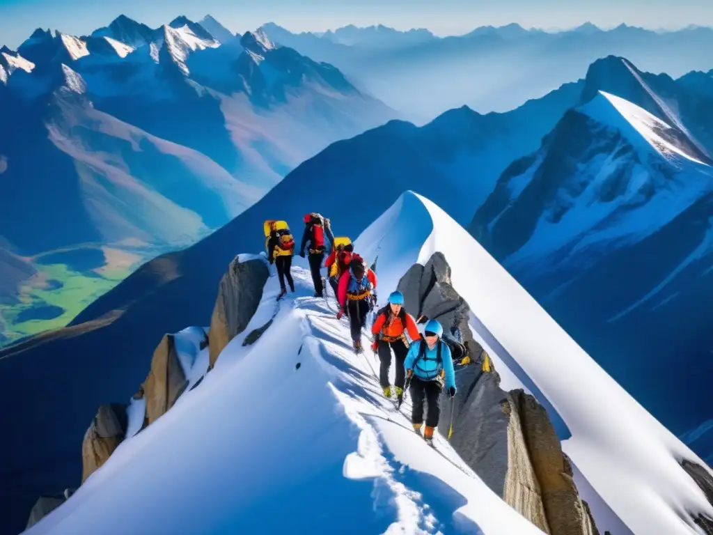 Escalada segura en majestuosa montaña Consejos seguridad viajes aventuras: grupo escalando montaña con guía certificado y equipo avanzado en vibrante cielo azul