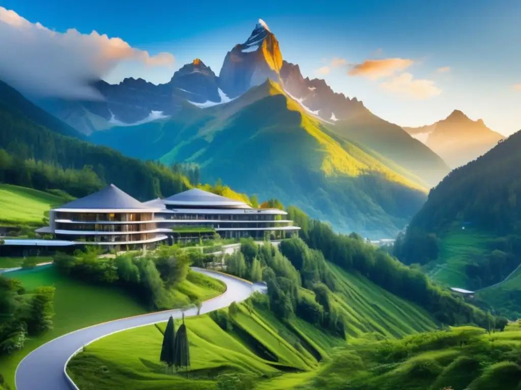 Paisaje montañoso y hotel moderno con instalaciones de fitness Consejos para mantener peso saludable en viaje largo